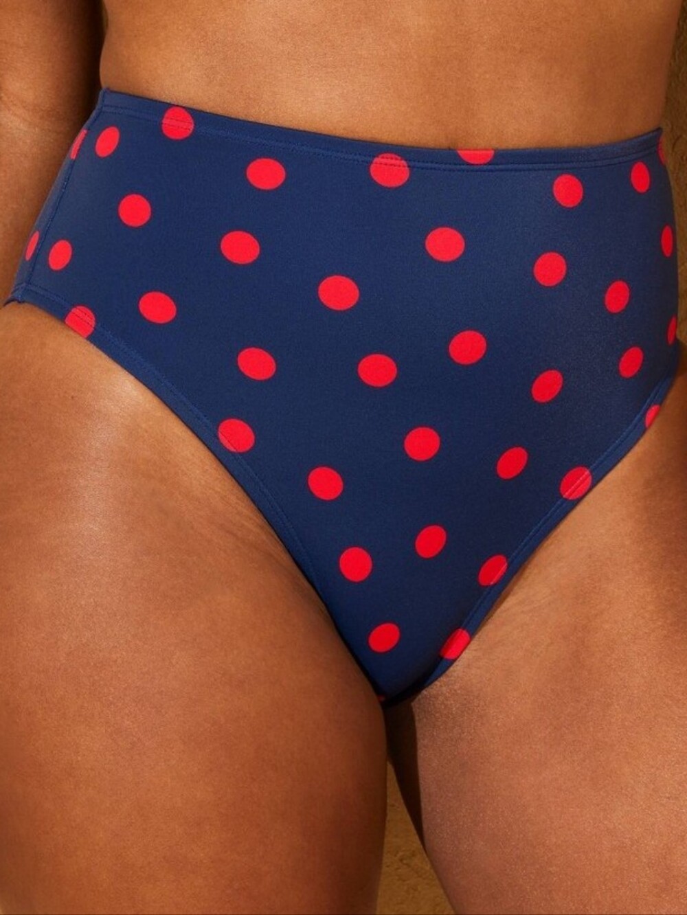 Navy Blue High-Waist Swim Bottom with Red Polka Dots - M NWT